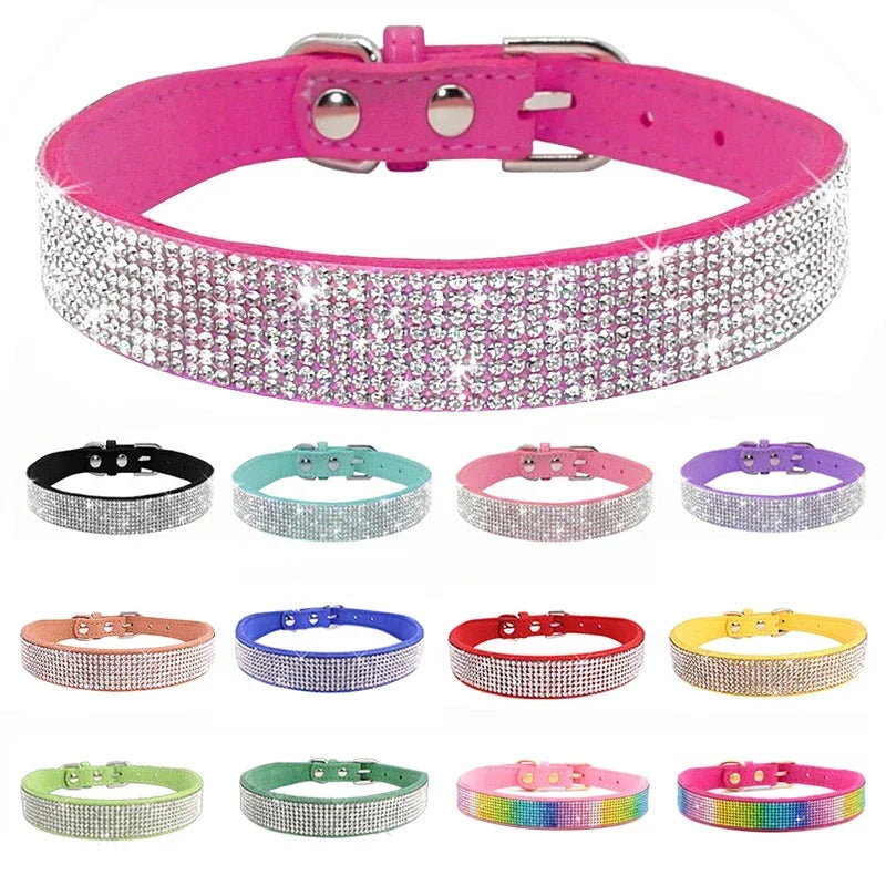 Suede Crystal Rhinestone Dog Collar – Stylish Comfort for Small Pets