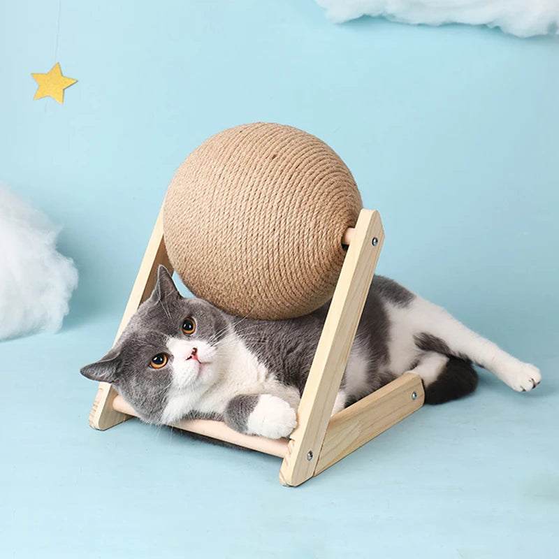 Large Solid Wood Cat Toy with Natural Sisal Scratcher Ball