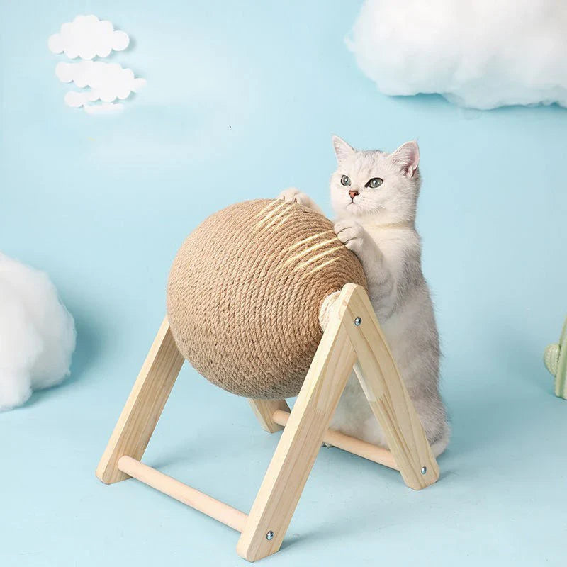 Large Solid Wood Cat Toy with Natural Sisal Scratcher Ball