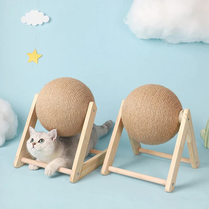 Large Solid Wood Cat Toy with Natural Sisal Scratcher Ball