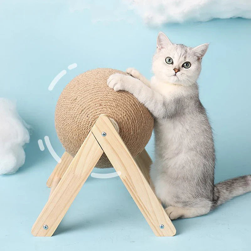 Large Solid Wood Cat Toy with Natural Sisal Scratcher Ball