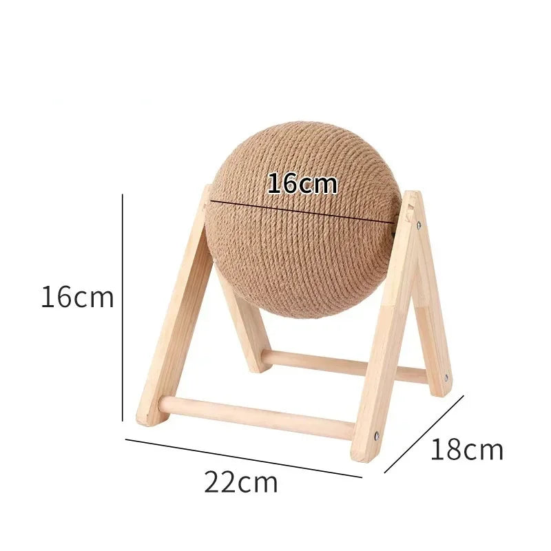 Large Solid Wood Cat Toy with Natural Sisal Scratcher Ball