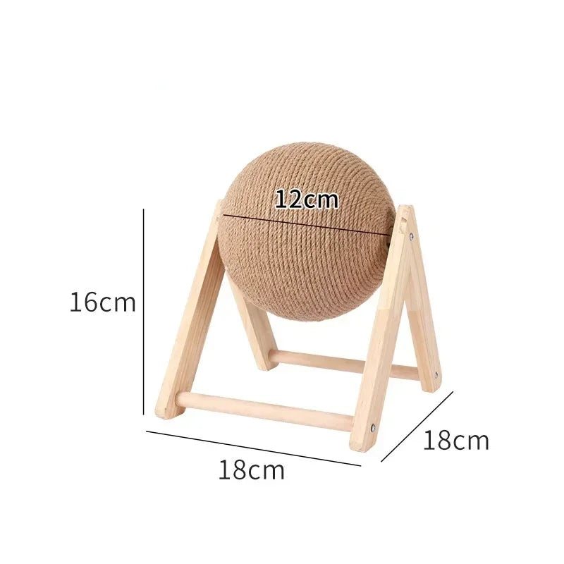 Large Solid Wood Cat Toy with Natural Sisal Scratcher Ball