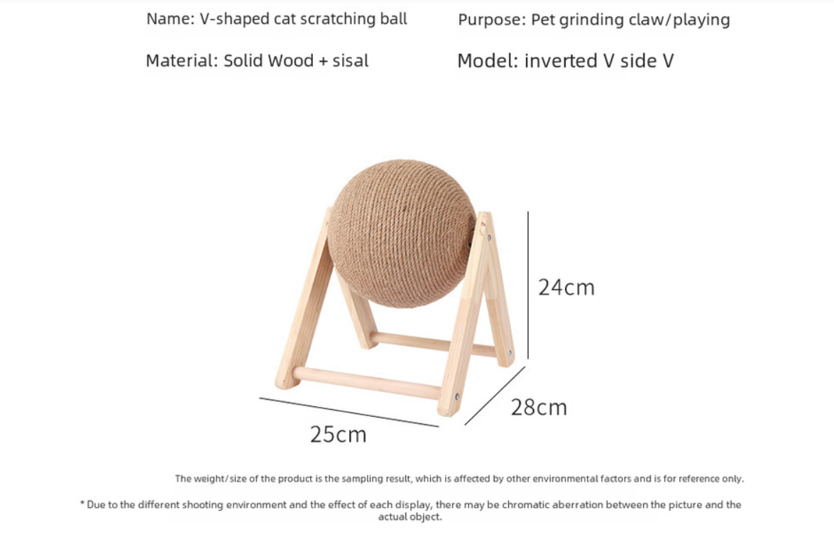 Large Solid Wood Cat Toy with Natural Sisal Scratcher Ball