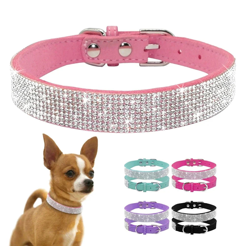 Suede Crystal Rhinestone Dog Collar – Stylish Comfort for Small Pets